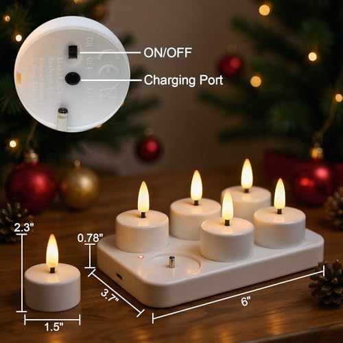 6 White Rechargeable LED Flickering Tea Lights with Remote - Eco-Friendly Candles