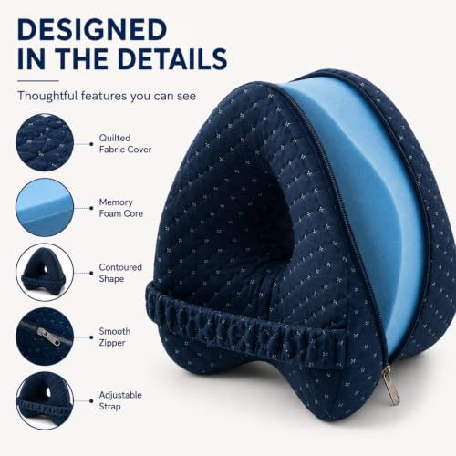 Heart-Shaped Jacquard Navy Knee Support Pillow for Side Sleepers with Adjustable Strap