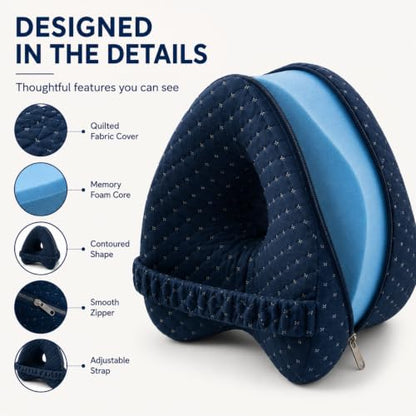 Heart-Shaped Jacquard Navy Knee Support Pillow for Side Sleepers with Adjustable Strap
