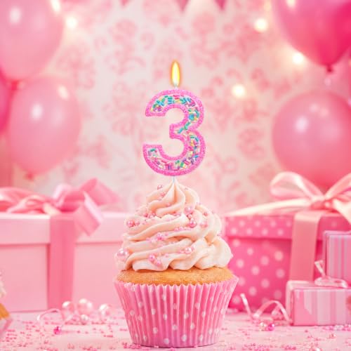 Rainbow Sprinkles Number 3 Candle for 3rd Birthday Decorations - Hot Pink