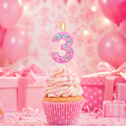 Rainbow Sprinkles Number 3 Candle for 3rd Birthday Decorations - Hot Pink