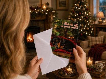 Dachshund Christmas Card Set - 12 Holiday Greeting Cards with Envelopes - Sleepy Dog Design - Boxed Pack of 12