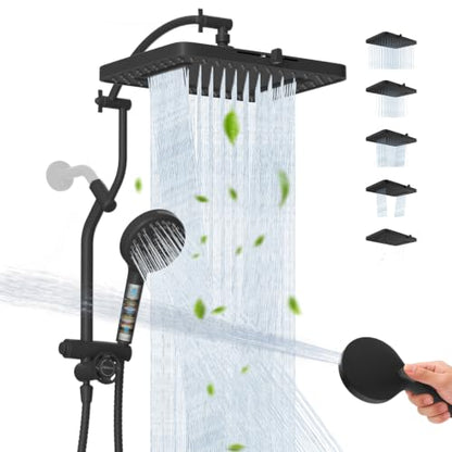 Rain Shower Head Combo with 10-Mode Filtered Handheld Spray - Black, Square 13"