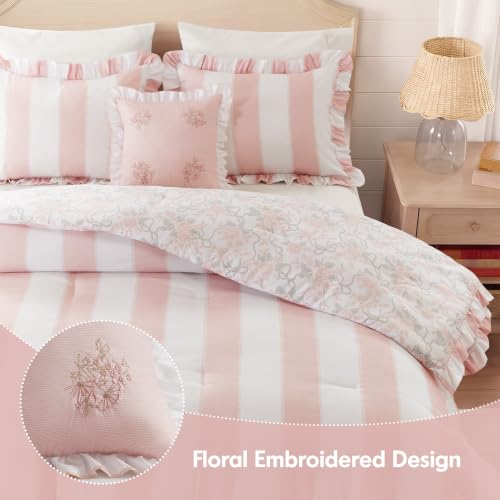 Pink Floral Comforter Set Full/Queen - 4 Piece Bed Bedding with Ruffle Edge & Reversible Floral Design