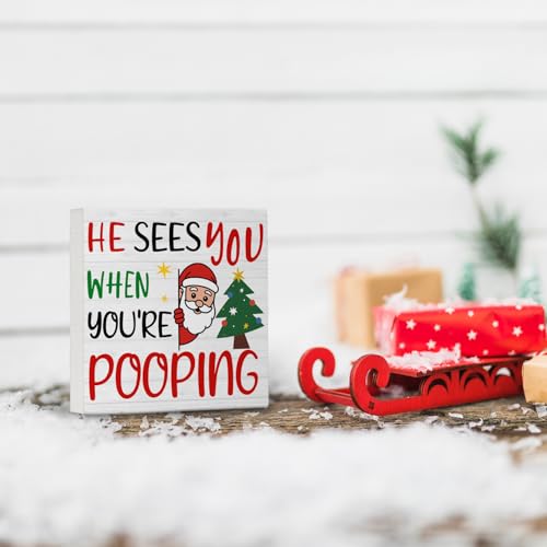 Funny Christmas Santa Bathroom Wooden Sign - Pooping 02 - Rustic Toilet Decor - 5x5 Inch