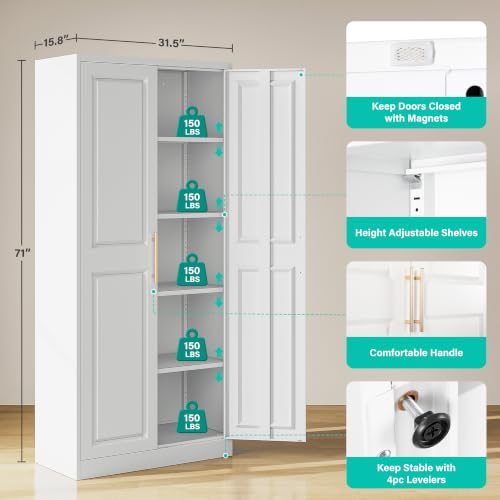 Tall White Metal Kitchen Pantry Cabinet with 2 Doors & 5 Shelves - 71 Inches