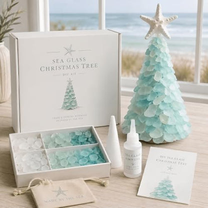 DIY Sea Glass Christmas Tree Craft Kit - Style D, Coastal Holiday Decor, 10cm
