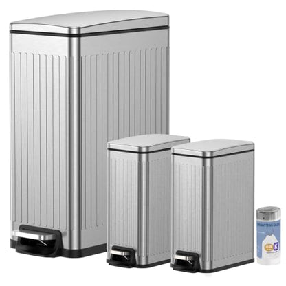 Silver 13-Gallon Kitchen Trash Can with Lid & 2 Pack 1.6-Gallon Bathroom Bins