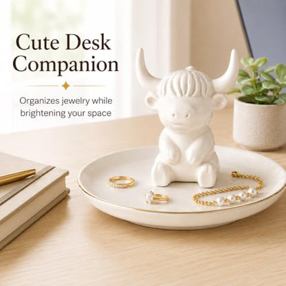 Highland Cow Jewelry Dish - White Ceramic Ring Holder & Trinket Tray
