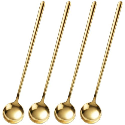 Gold Coffee Spoons Set 4 - 6.7 Inch Long Handle Teaspoons, Stainless Steel