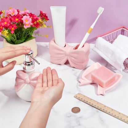 Pink Ceramic Bathroom Accessories Set with Bow - Soap Dispenser Toothbrush Holder & Soap Dish