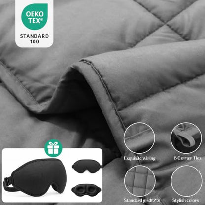 Weighted Blanket with Sleep Mask - Grey, 48 x 72 inches, 15 lbs, Twin Size, All-Season Breathable Comfort