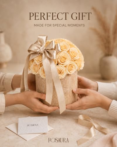 Golden Champagne Preserved Roses in Natural Yellow Travertine Vase - Gift Box
