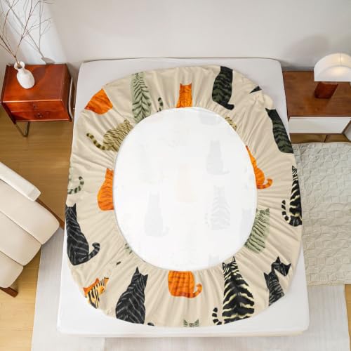 Manfei Cat Fitted Sheet Twin Size Orange Black Kitten Bedding Set 2Pcs - Deep Pocket