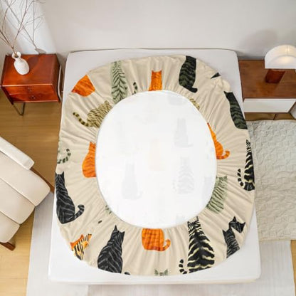 Manfei Cat Fitted Sheet Twin Size Orange Black Kitten Bedding Set 2Pcs - Deep Pocket