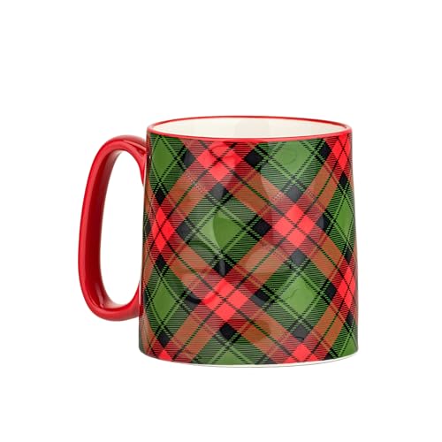 Holiday Plaid Ceramic Mug Set of 4 - 18oz Christmas Coffee Cups with Handle