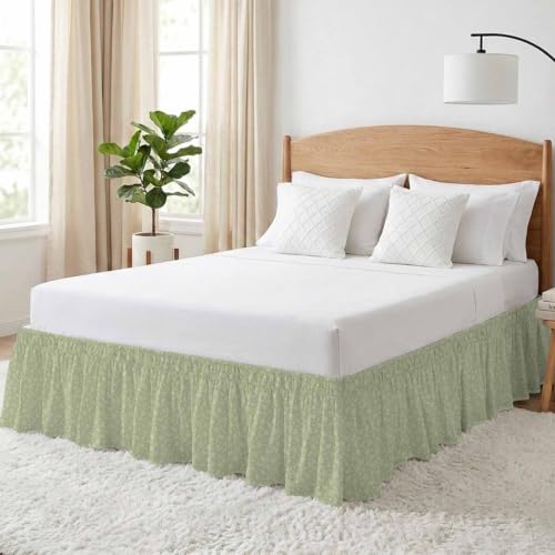Queen Size Adjustable Elastic Bed Skirt with 16-Inch Drop Sage Green Paisley