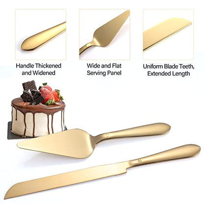 Eisinly Cake Cutting Set for Wedding, Elegant Knife and Server with Thickened Stainless Steel Rounded Edges, Cutter Pie Spatula Birthday Anniversary Christmas Gift of 2, Gold