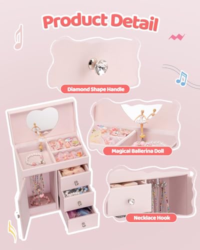 VLANDO 4 Layer Musical Jewelry Box for Girls with Pink Finish, 3 Drawers & Necklace Hook
