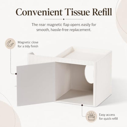 GORESE Leather Square Tissue Box Cover with Storage Tray - Ivory White