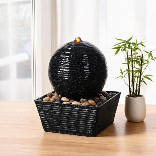 Indoor Water Fountain with Zen Sphere Design and LED Light - Tabletop Relaxation Decor
