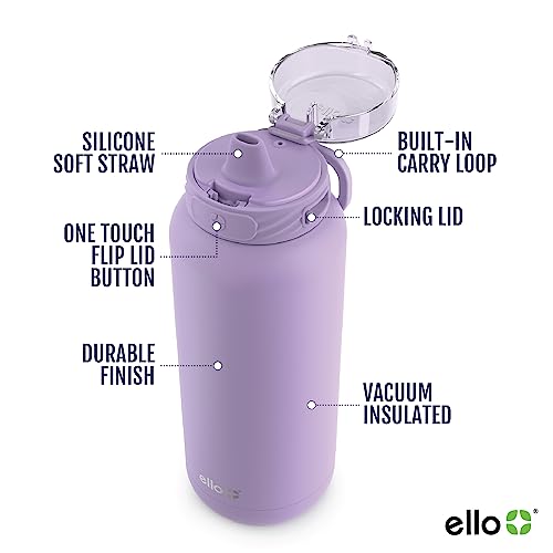 Ello Cooper 22oz Stainless Steel Water Bottle with Straw and Carry Handle, Double Walled and Vacuum Insulated Metal, Leak Proof Locking Lid with Soft Silicone Spout, Reusable, BPA Free, Lilac