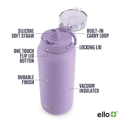 Ello Cooper 22oz Stainless Steel Water Bottle with Straw and Carry Handle, Double Walled and Vacuum Insulated Metal, Leak Proof Locking Lid with Soft Silicone Spout, Reusable, BPA Free, Lilac