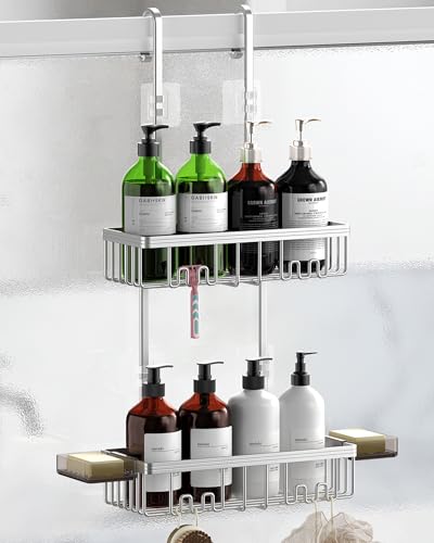 Over-the-Door Shower Caddy Silver with Double Soap Holder and Hooks - Rustproof Aluminum