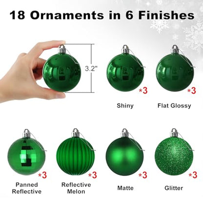 Emerald Green Christmas Ornaments Set of 18 - 3.2 Inch Shatterproof Holiday Decorations, Variation: 3.2" 18PCS / Emerald Green