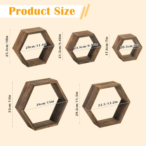 Hexagon Floating Shelves Set of 5 Honeycomb Wall Display Shelves Modern Rustic Decor