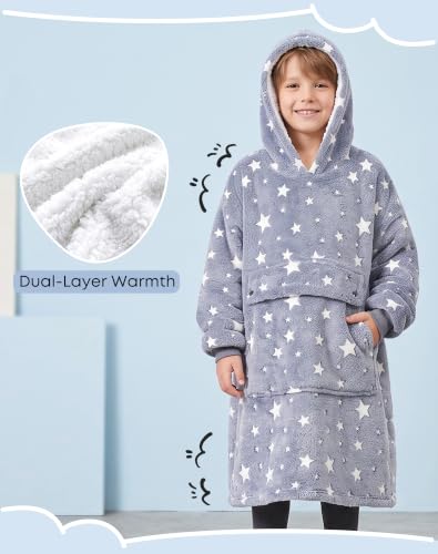 Glow in the Dark Wearable Blanket Hoodie for Kids & Adults Oversized Sherpa Fleece