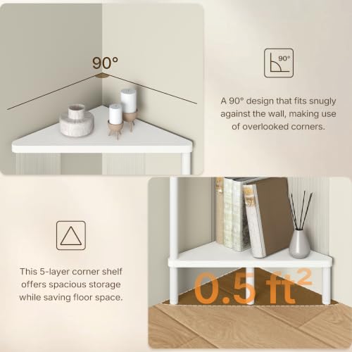 5-Tier Corner Shelf - White Corner Bookshelf for Small Spaces