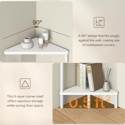 5-Tier Corner Shelf - White Corner Bookshelf for Small Spaces