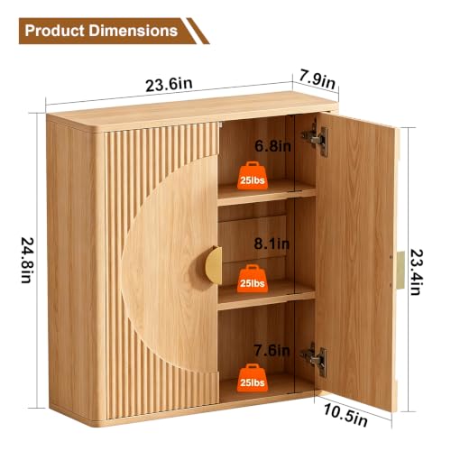 Oak Wall-Mounted Medicine Cabinet with Adjustable Shelves - Bathroom Storage