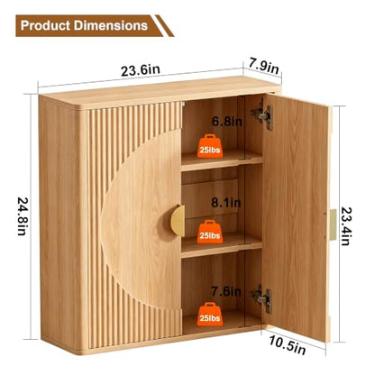 Oak Wall-Mounted Medicine Cabinet with Adjustable Shelves - Bathroom Storage