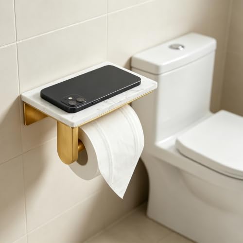 Gold Wall-Mounted Toilet Paper Holder with Marble Shelf - Modern Bathroom Accessory