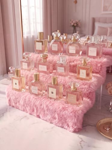 Blush Pink 12IN Plush Perfume Display Stand with 3 Tiers and Faux Fur Texture