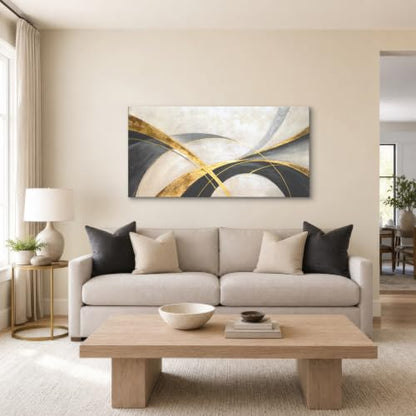 Geometric Abstract Canvas Wall Art - Black, Gold, Gray, Beige - 48 x 24 Inches