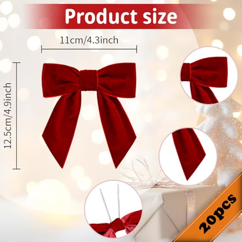 Velvet Bow Ornaments for Christmas Tree - Red 4.5 Inch Set of 20 - Wedding & Holiday Decor
