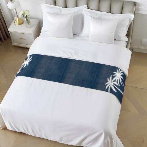102x20 Inch Navy Blue Palm Tree Bed Runner for Cal King Bed - Tropical Coastal Decor
