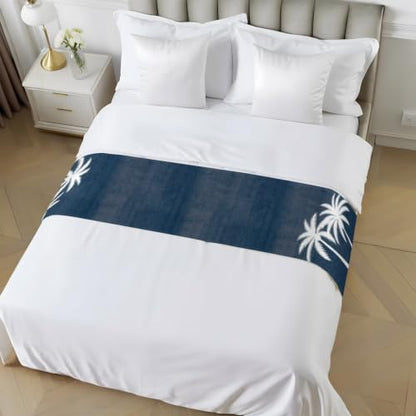102x20 Inch Navy Blue Palm Tree Bed Runner for Cal King Bed - Tropical Coastal Decor