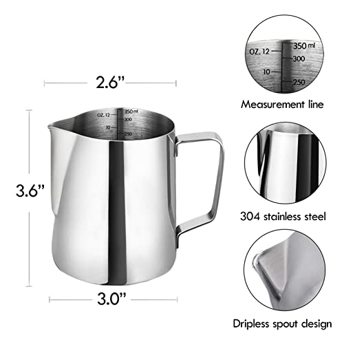 Artcome 12oz/350ml Stainless Steel Milk Frothing Pitcher with Measurement Inside - Cappuccino Pitcher Pouring Jug Espresso Cup - Perfect for Espresso Machines, Milk Frothers, Latte Art (33 PCS)