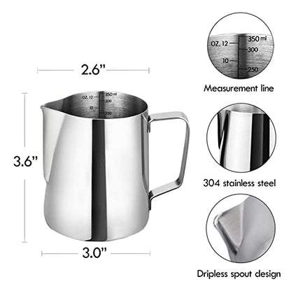 Artcome 12oz/350ml Stainless Steel Milk Frothing Pitcher with Measurement Inside - Cappuccino Pitcher Pouring Jug Espresso Cup - Perfect for Espresso Machines, Milk Frothers, Latte Art (33 PCS)