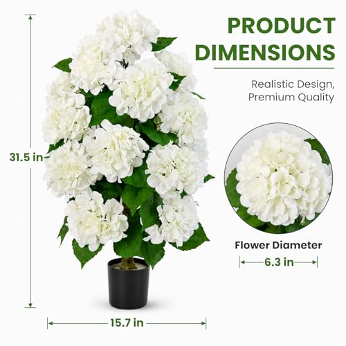 Artificial Hydrangea Tree Potted - White Hydrangea, Full & Weather-Resistant