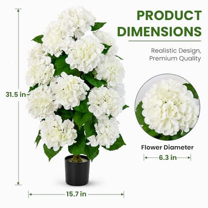 Artificial Hydrangea Tree Potted - White Hydrangea, Full & Weather-Resistant
