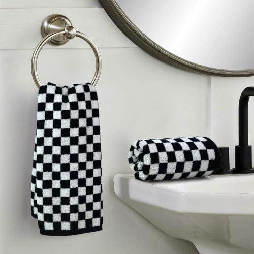 Checkered Hand Towels Set of 2 - Black & White Cotton 13 x 29" - Jacquotha