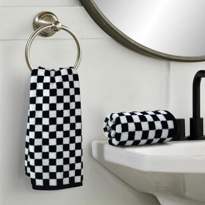Checkered Hand Towels Set of 2 - Black & White Cotton 13 x 29" - Jacquotha