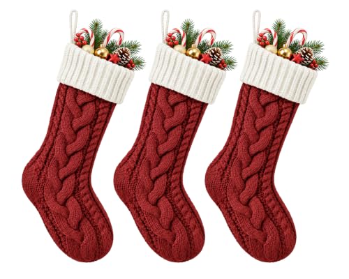 Christmas Stockings 3 Pack 18 Inch Cable Knit Holiday Decor - Red White