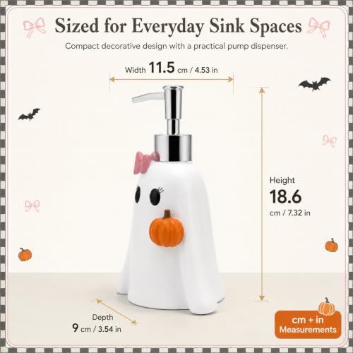 Halloween Soap Dispenser - White Ghost with Pink Bow & Pumpkin Decor