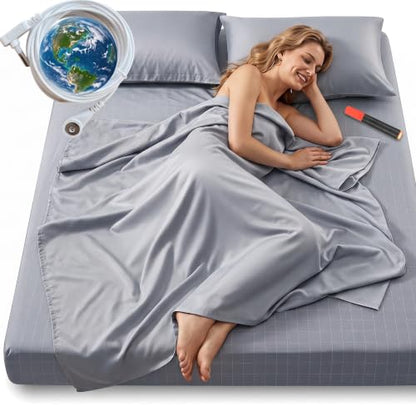 Queen Size Grounding Sheets with Silver Fiber, Deep Pocket, Grounding Cord & Test Pen - Gray